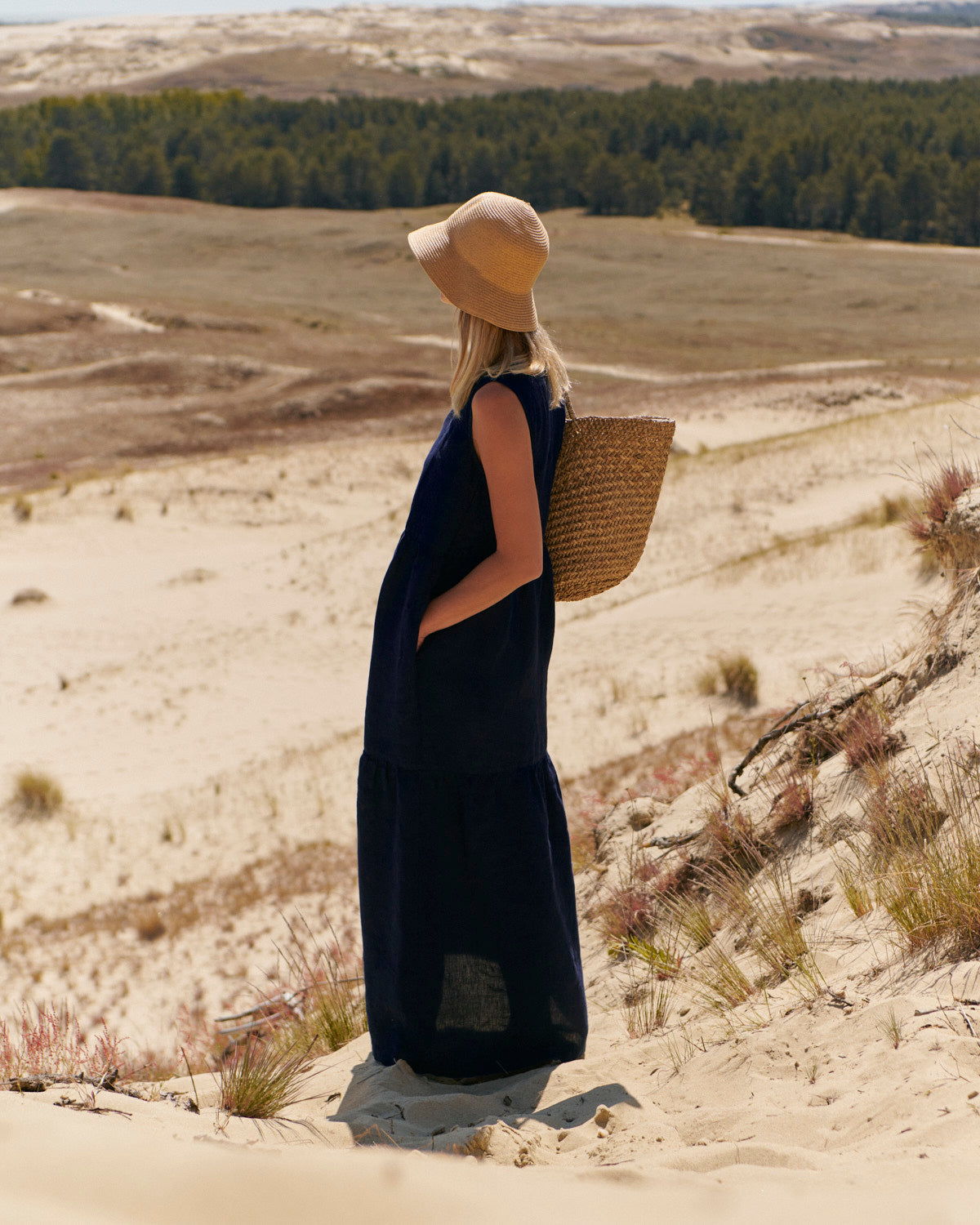 Navy Blue Linen Tiered Maxi Dress