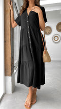Black Linen Button-Down Midi Dress