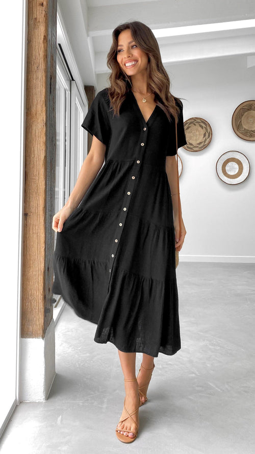 Black Linen Button-Down Midi Dress