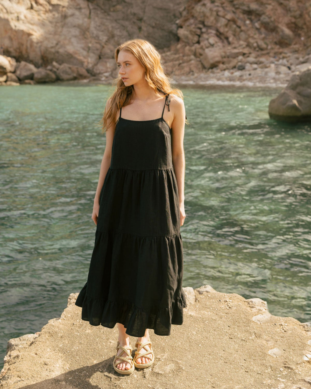 Black Linen Maxi Dress with Tie Straps