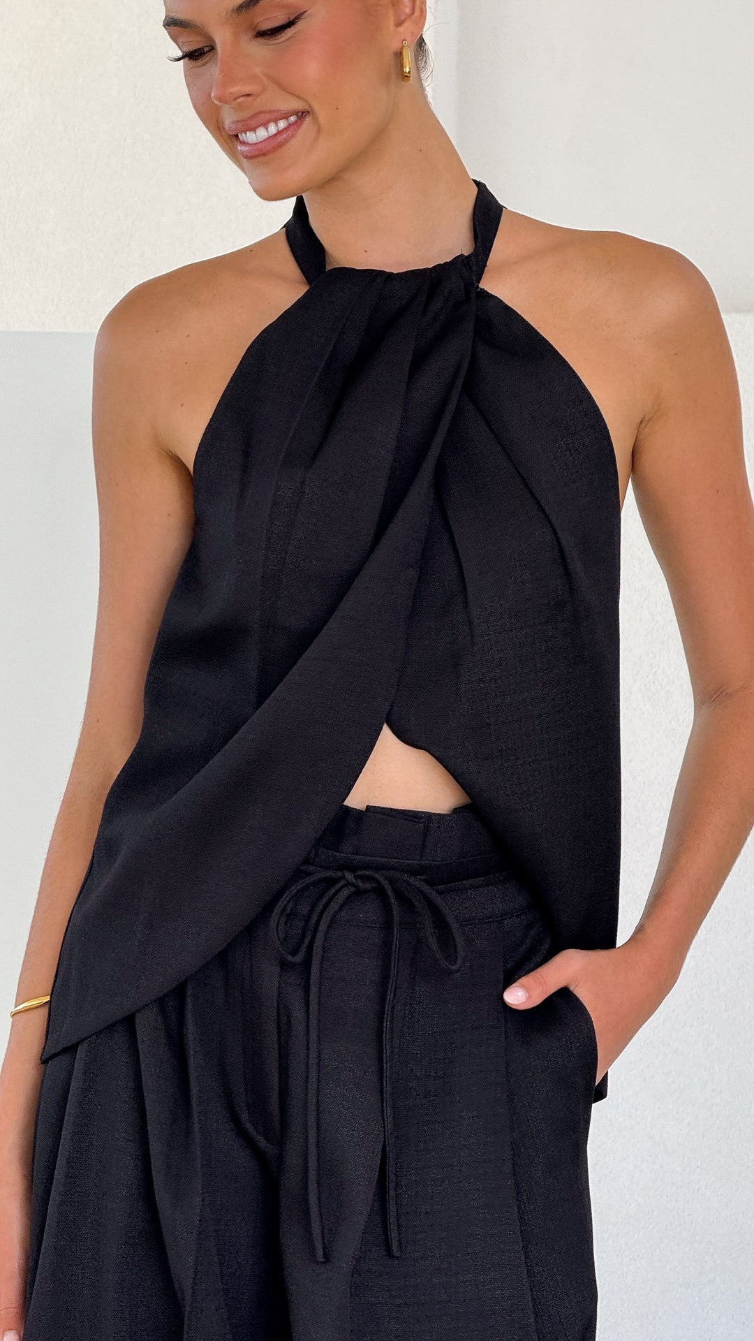 Midnight Drape Halter Top in Black Crepe