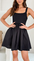 Black Linen Smocked Back Mini Dress