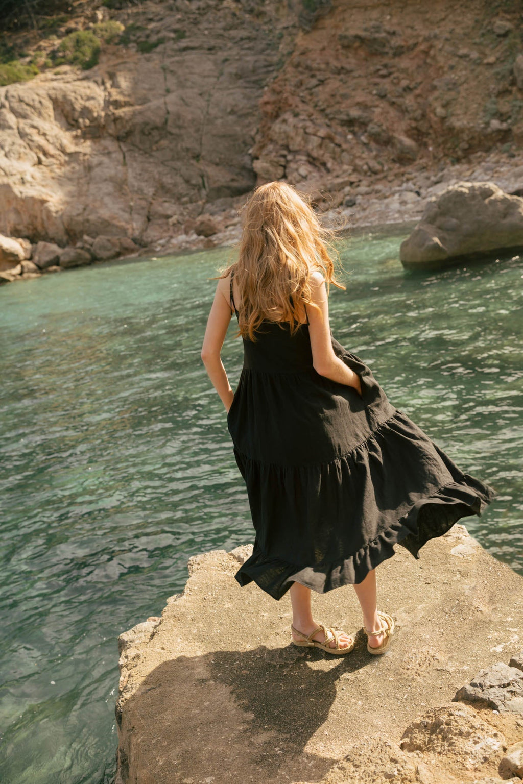 Black Linen Maxi Dress with Tie Straps