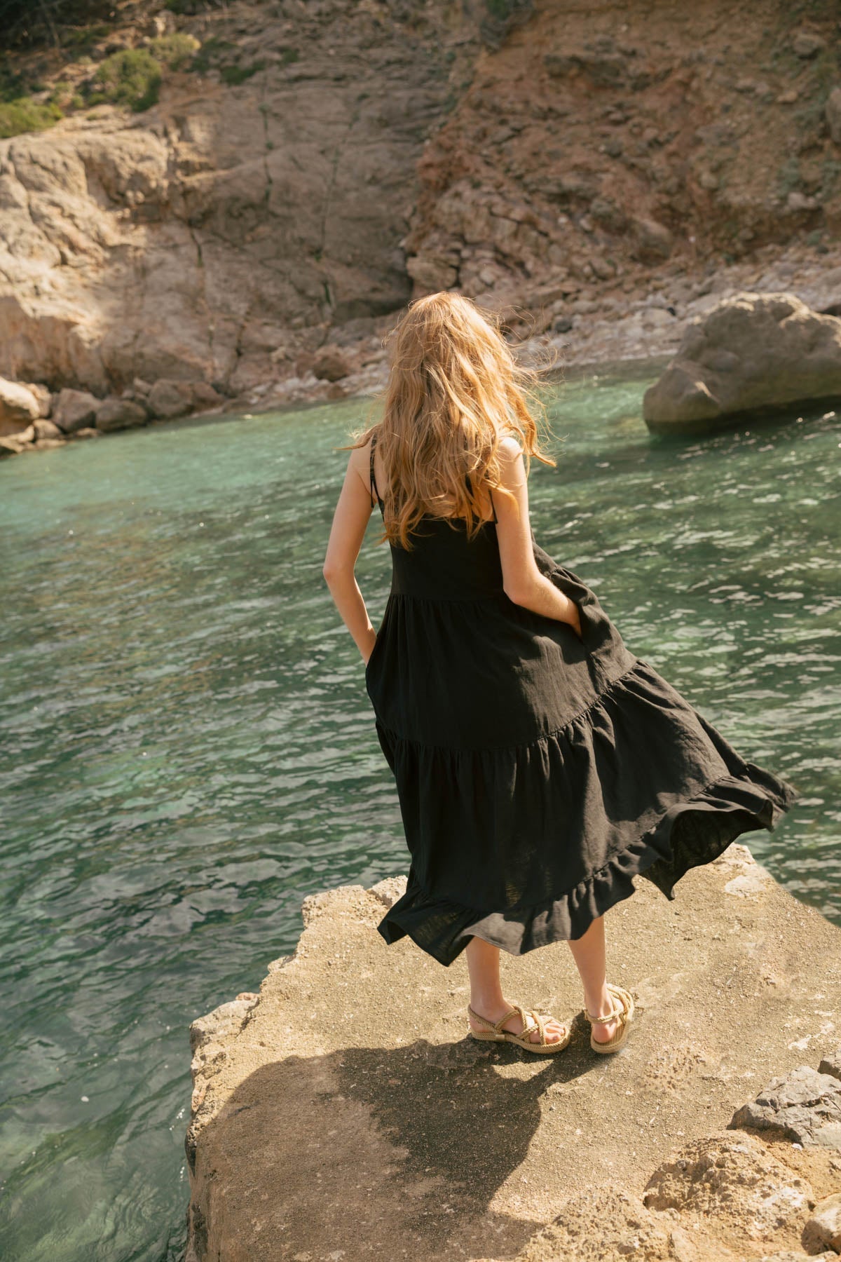Black Linen Maxi Dress with Tie Straps