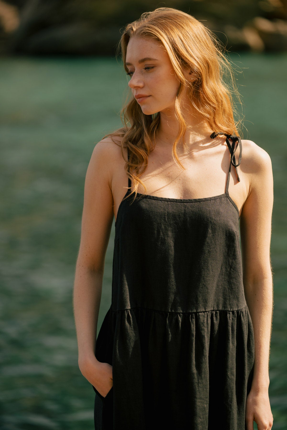 Black Linen Maxi Dress with Tie Straps