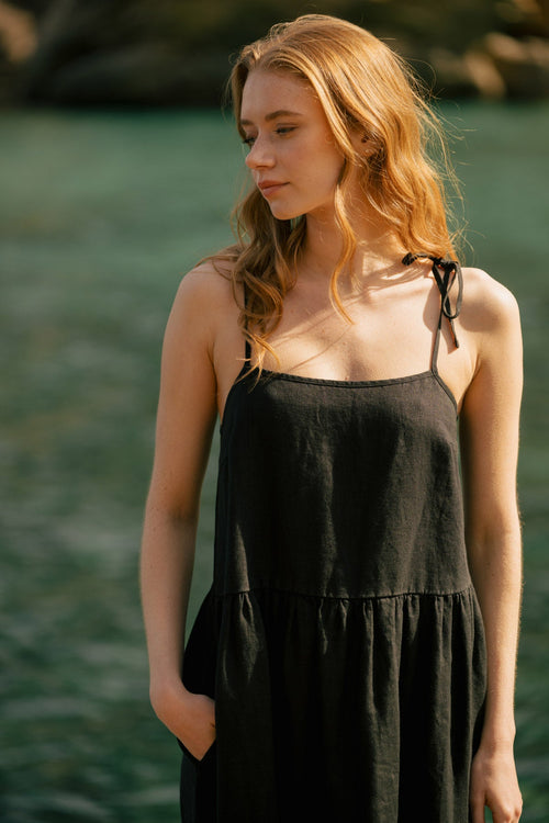 Black Linen Maxi Dress with Tie Straps