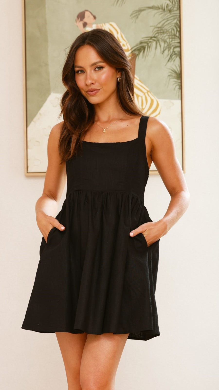 Black Linen Smocked Back Mini Dress