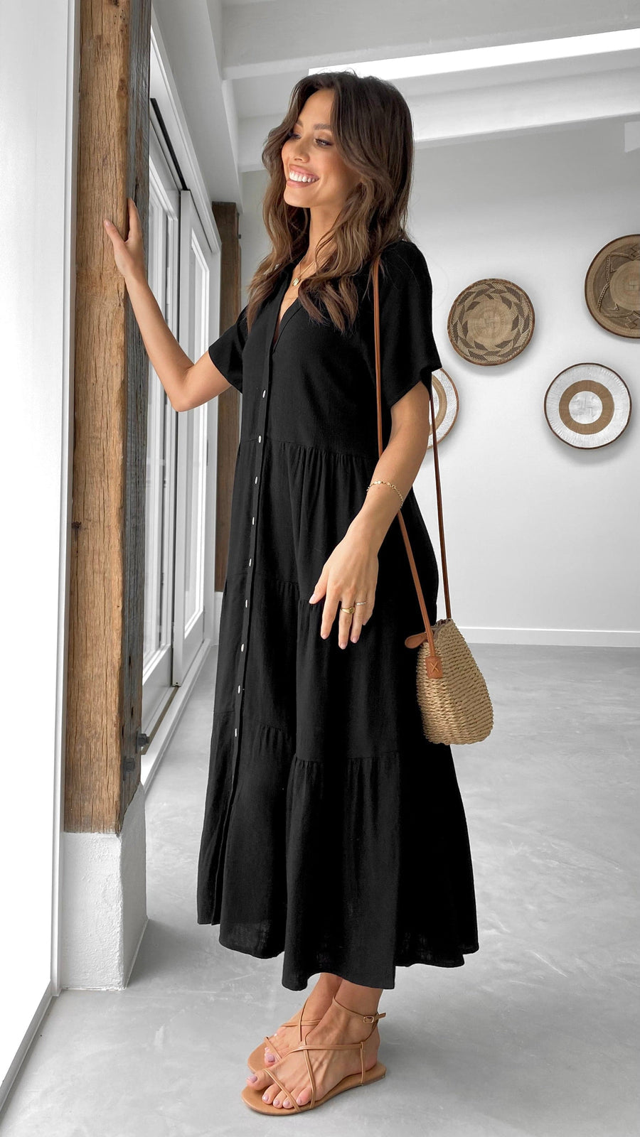Black Linen Button-Down Midi Dress