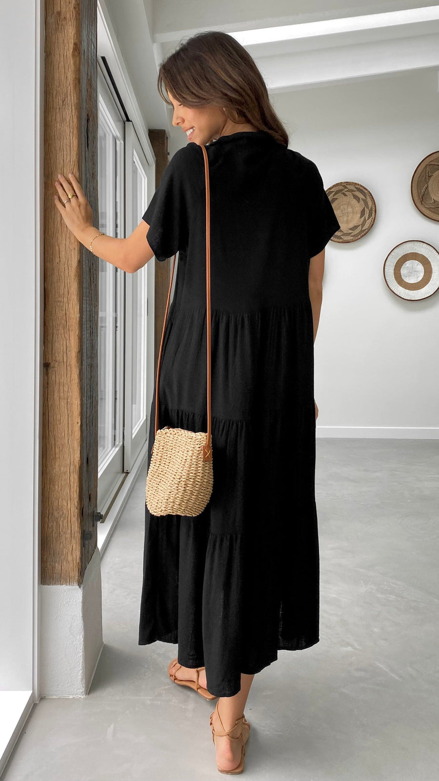 Black Linen Button-Down Midi Dress